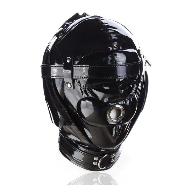 Hood Mask - Shiny Pleather Lace-Up Locking Hood Deprivation Mask with 1 Nose Hole-Fetish/Bondage