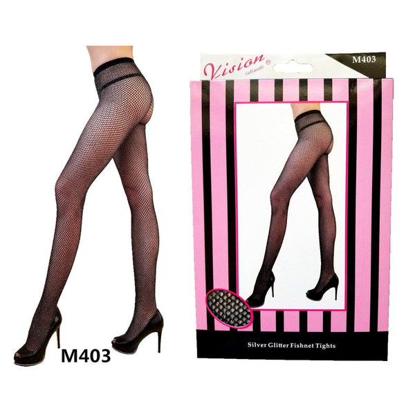 Black fishnet pantyhose with silver sparkles interwoven 