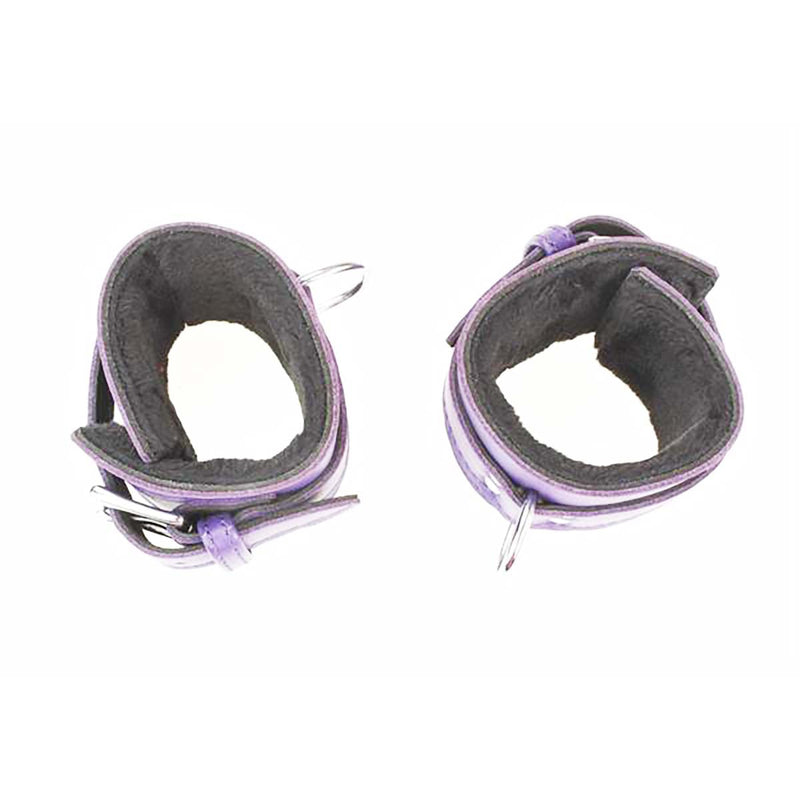 purple leather handcuffs for bondage - leather restraint cuffs