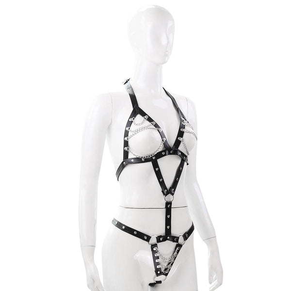 Women's PVC & Chain Strappy Teddy-Fetish Wear-The Love Zone