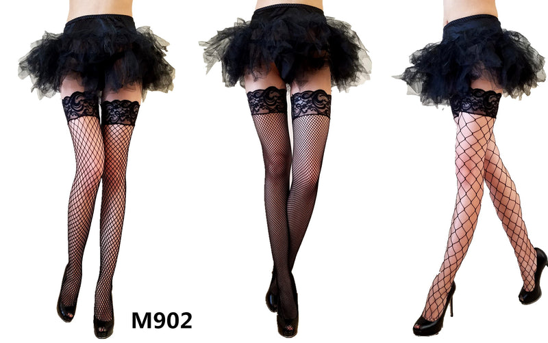 3 Pack of Assorted Fishnet Stay Up Stockings with Lace top Black