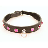 Slave Collar Leather - Pink Large Single Row Rhinestone Collar w/ D ring-Fetish wear clothing-The Love Zone