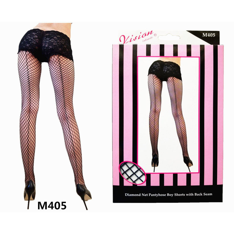 Diamond Net Pantyhose with built in Lace boy shorts Black-Stockings-The Love Zone