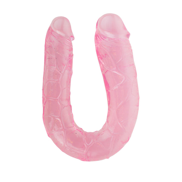 Curved for double the pleasure! This jelly double dong is in a "U" shape for double the pleasure.  The realistic dildo has 2 different sized ends for maximum comfort and pleasure.  The soft but firm body safe jelly material provides pleasure both vaginally and anally.  full length:15" widths are 2" on the wider end and 1.5" on the smaller end. 