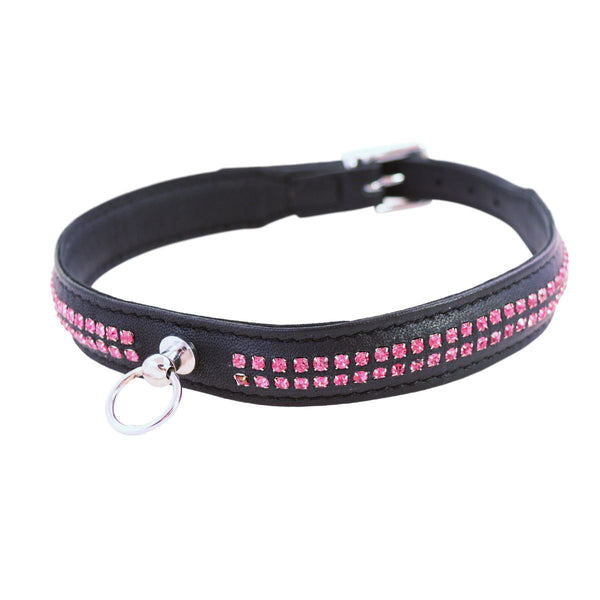 Collar - Leather 2 Row Rhinestone Slave Collar (5 color options)