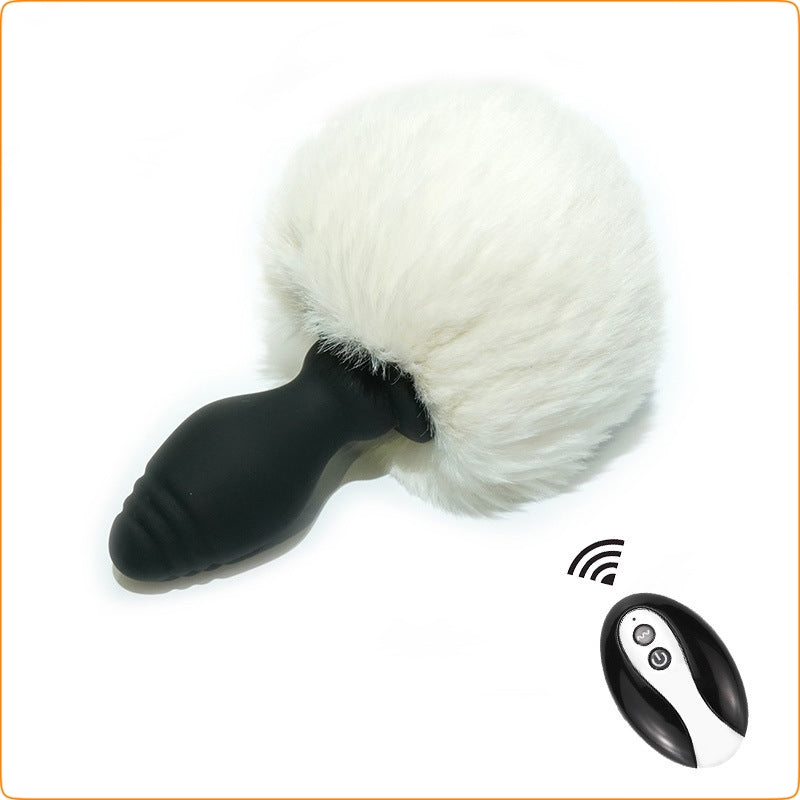 White Bunny Tail Vibrating Anal Plug with Remote Control