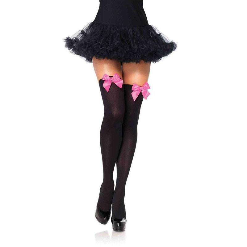 Stockings - Black with Neon Pink Satin Bow Over the Knee-STOCK-The Love Zone