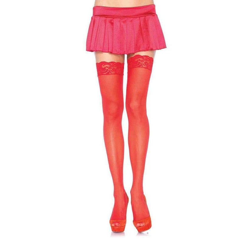 Stockings - Sheer Lace Top Thigh High O/S Red-STOCK-The Love Zone